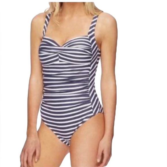 Nip Tuck Shirred Nautical Navy White and Silver Stripe One Piece US Size 12 - Picture 12 of 12